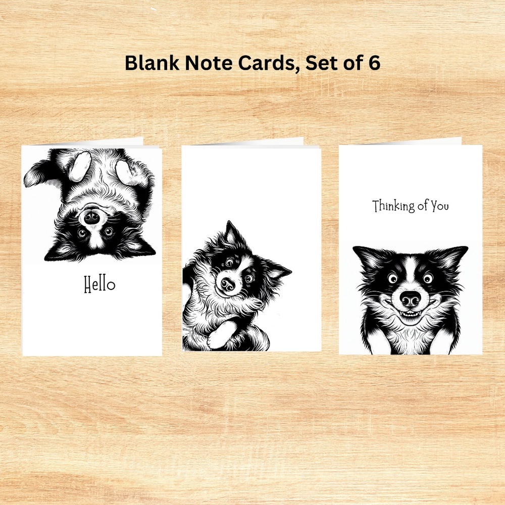 Whimsical Border Collie Blank Notecards with Peel and Stick Envelopes